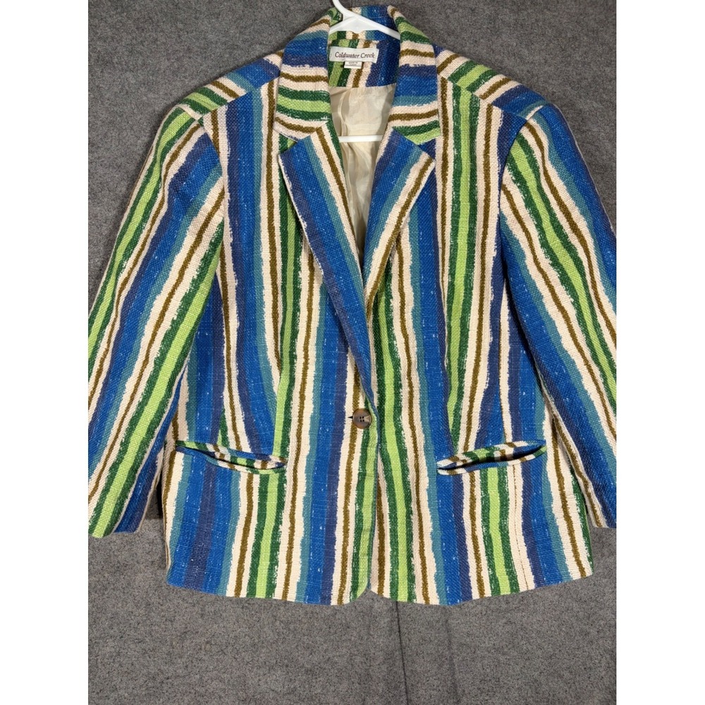 Coldwater Creek Womens 14 Blue Green Striped Cotton Blazer Jacket 4013275